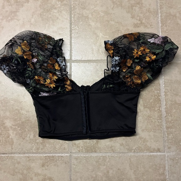 Sheer Floral Puff Sleeve Bustier Crop Top | Black Mesh Festival Party S/M - Picture 4 of 9